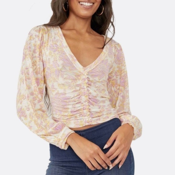 NWT Free People Say The Word Floral Ruched V-Neck Long Sleeve Top - Picture 1 of 7